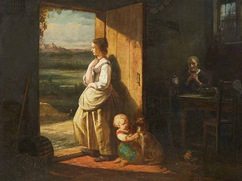 1826-Johannes Eugel Masurel - Interno rurale con nonna, madre e bambino che gioca.